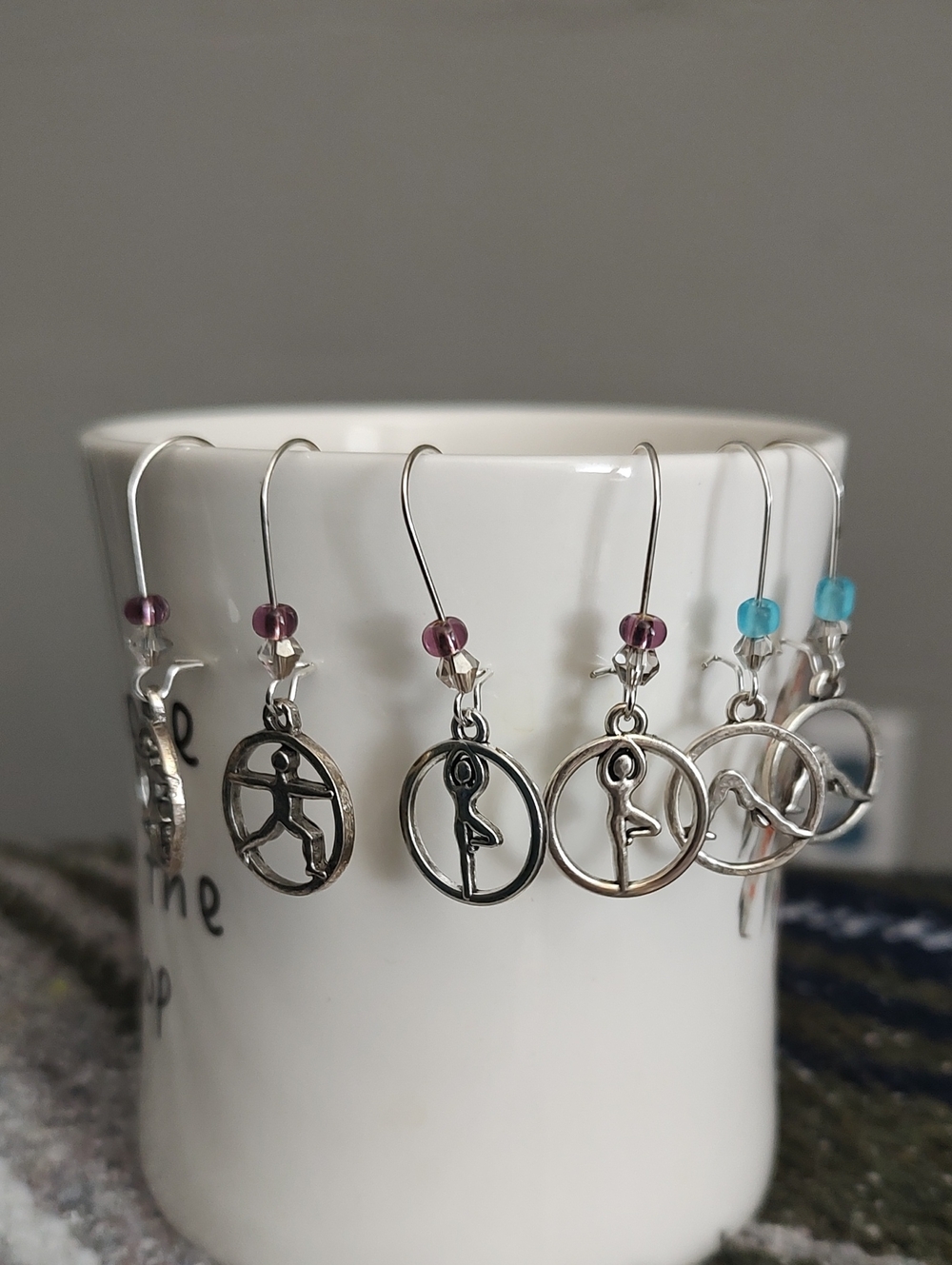 3 Pairs Yoga Pose Dangle Earrings with Purple & Blue Glass Beads Gray Crystal